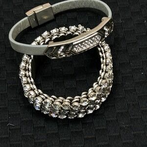 White Faux Leather Magnetic Bar Bracelet and Rhinestone Stretch Cuff Set Silver